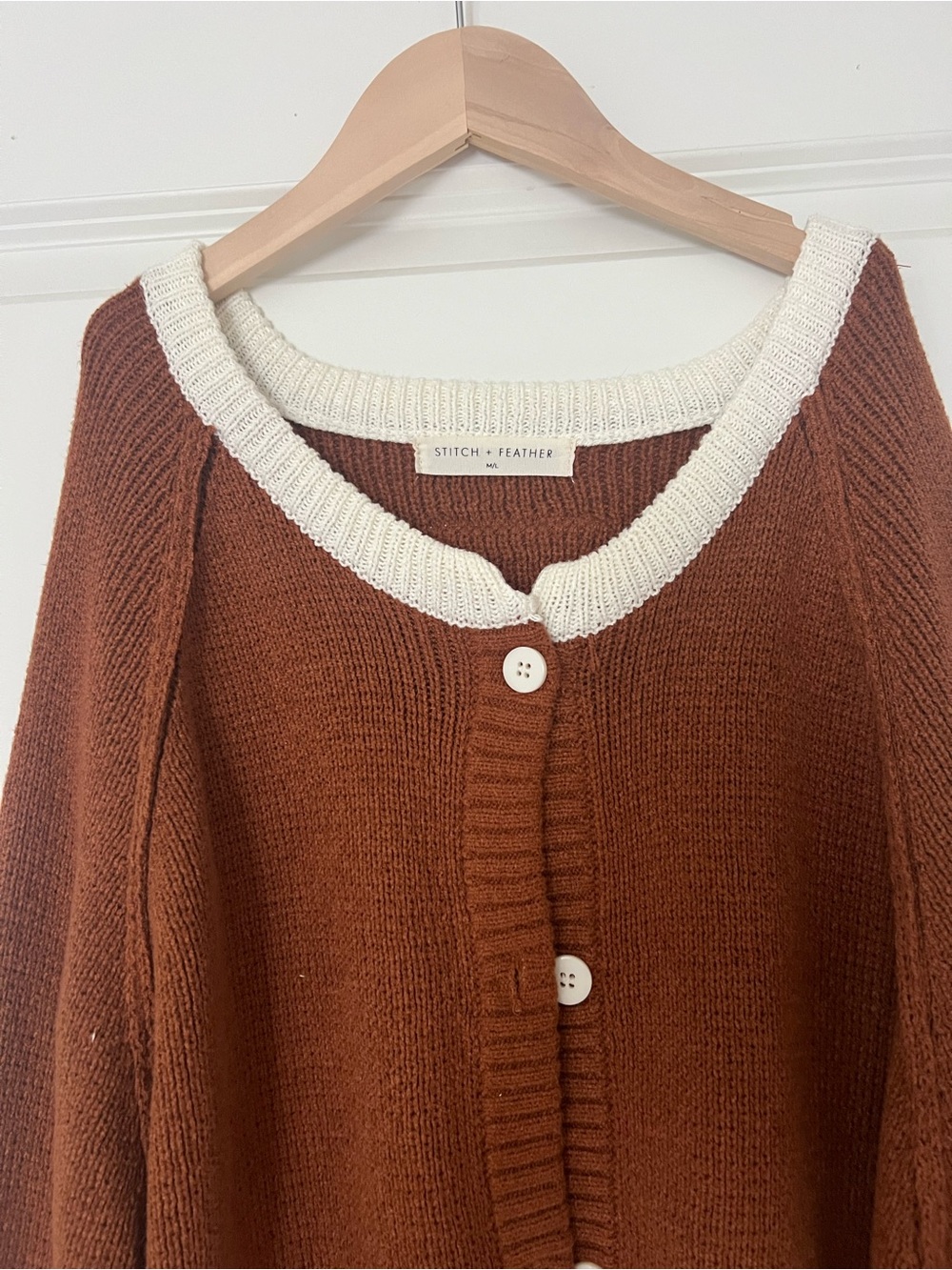 Women's Chestnut Button-Front Cardigan with Cream Trim - Picture 2 of 6